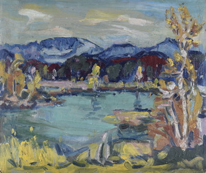 Werkverzeichnis Nr. 197, um 1963, See in den Voralpen, Öl auf Karton, 50,4 x 60,2 cm